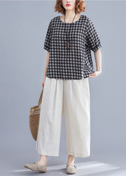 Modern Black Grey Plaid O Neck Linen Top Short Sleeve