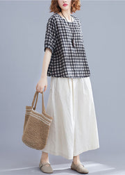 Modern Black Grey Plaid O Neck Linen Top Short Sleeve