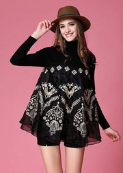 Modern Black High Neck Organza Patchwork Knit Top Spring