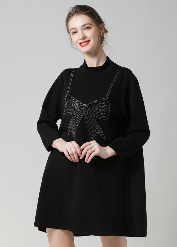 Modern Black High Neck Ruffled Patchwork Bow Cotton Robe Dresses Spring