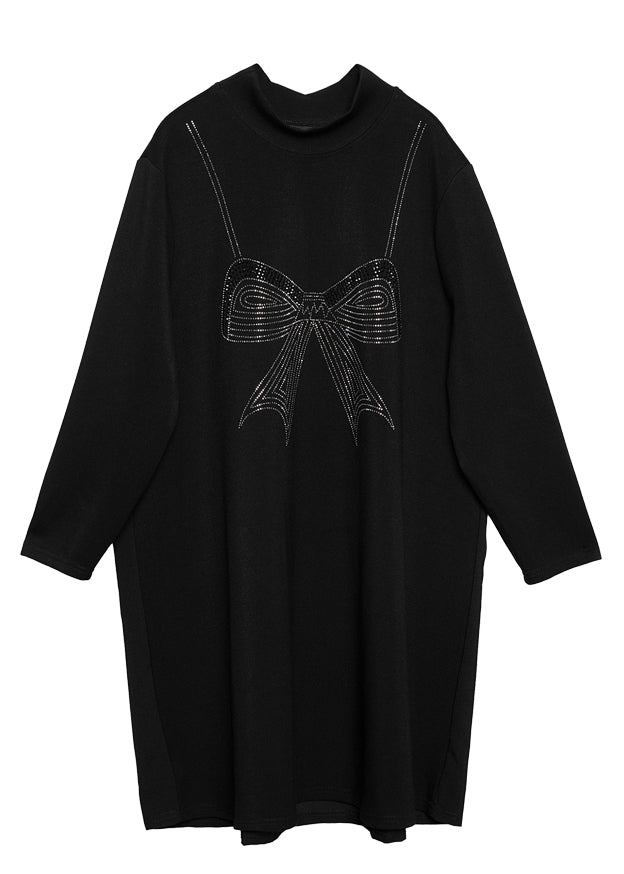 Modern Black High Neck Ruffled Patchwork Bow Cotton Robe Dresses Spring