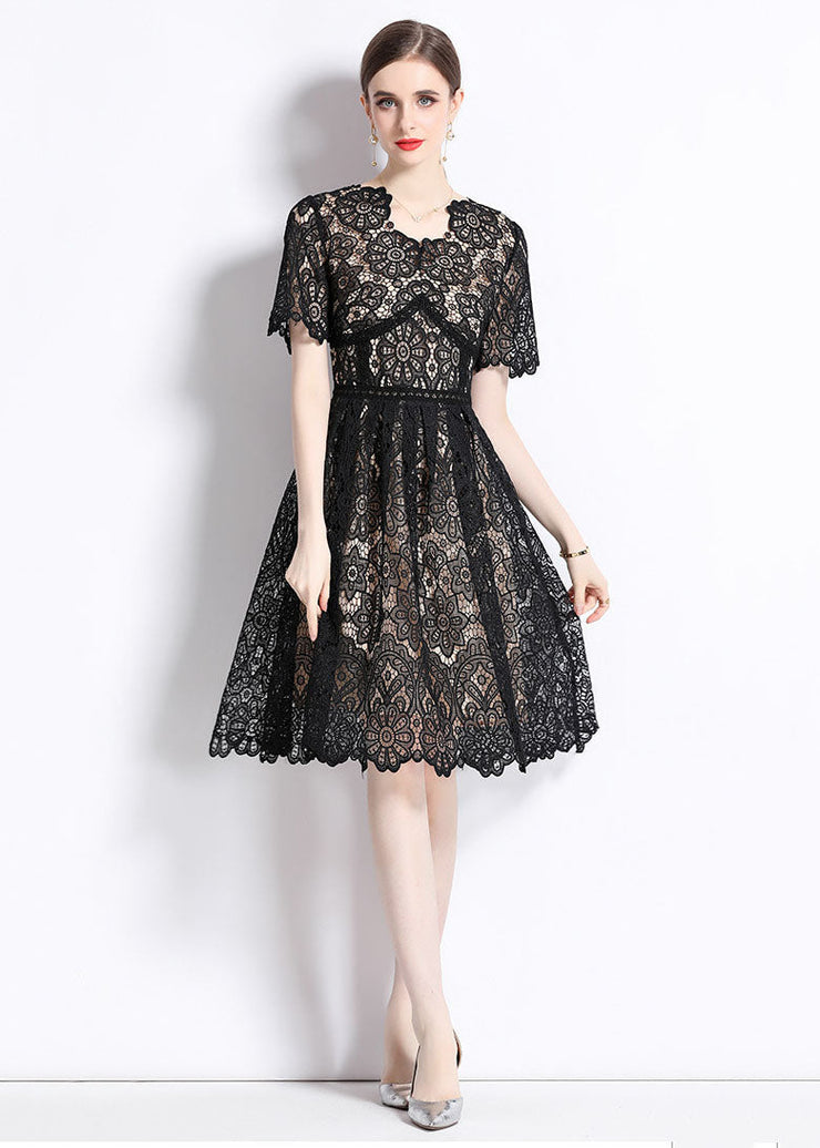 Modern Black Hollow Out Wrinkled Patchwork Lace Mid Dress Summer