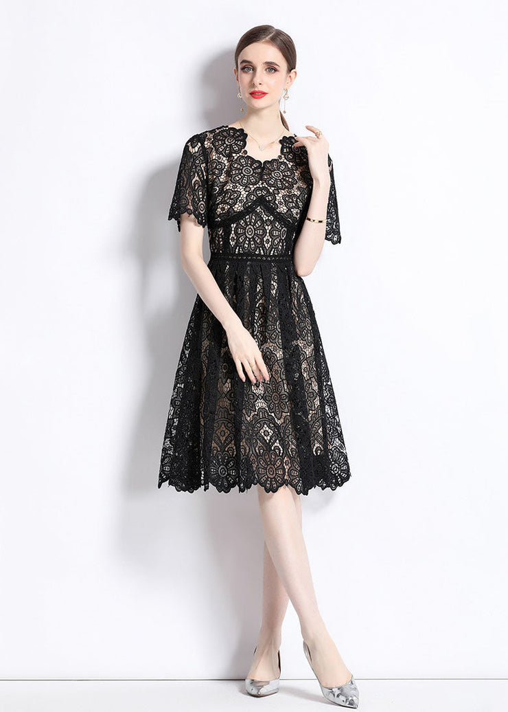 Modern Black Hollow Out Wrinkled Patchwork Lace Mid Dress Summer