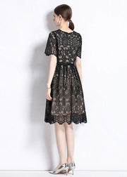 Modern Black Hollow Out Wrinkled Patchwork Lace Mid Dress Summer