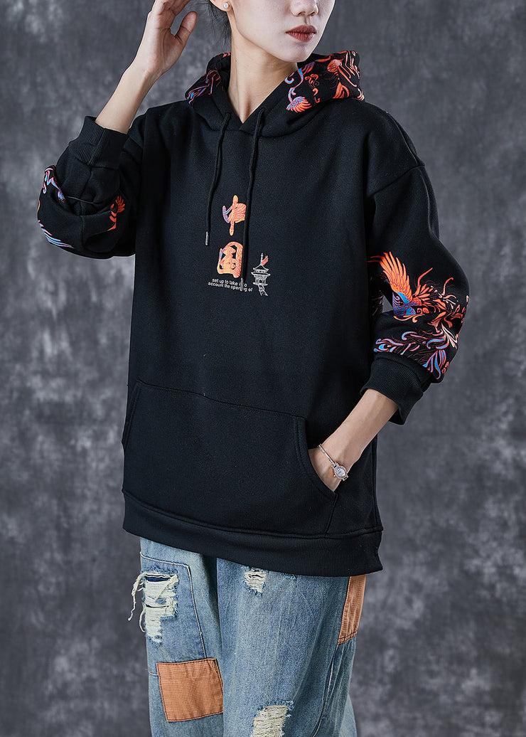 Modern Black Hooded Chinese Print Warm Fleece Loose Sweatshirts Top Winter