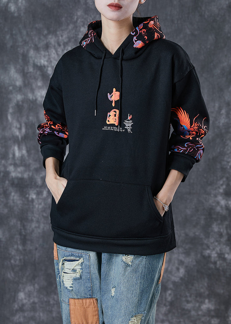 Modern Black Hooded Chinese Print Warm Fleece Loose Sweatshirts Top Winter