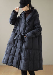 Modern Black Hooded Patchwork Tie Waist Duck Down Puffer Jacket Winter