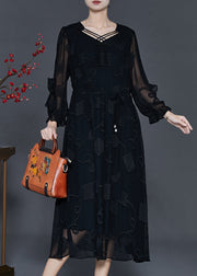 Modern Black Jacquard Tasseled Silk Maxi Dresses Fall