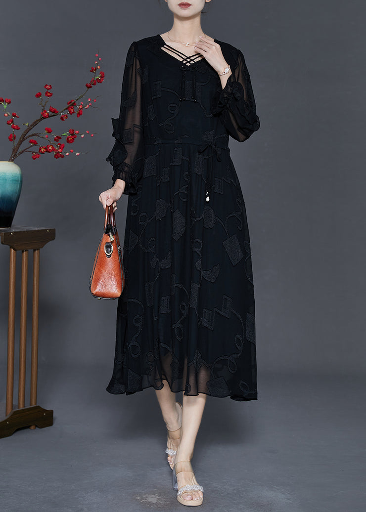 Modern Black Jacquard Tasseled Silk Maxi Dresses Fall