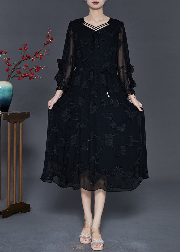 Modern Black Jacquard Tasseled Silk Maxi Dresses Fall