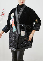 Modern Black Lace Up Patchwork Silk Velour Cotton Filled Coat Winter