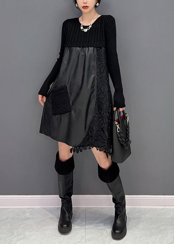 Modern Black O-Neck Embroideried Knit Patchwork Faux Leather Mid Dress Winter