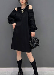 Modern Black O-Neck Fake Two Pieces Knit Mid Dresses Fall