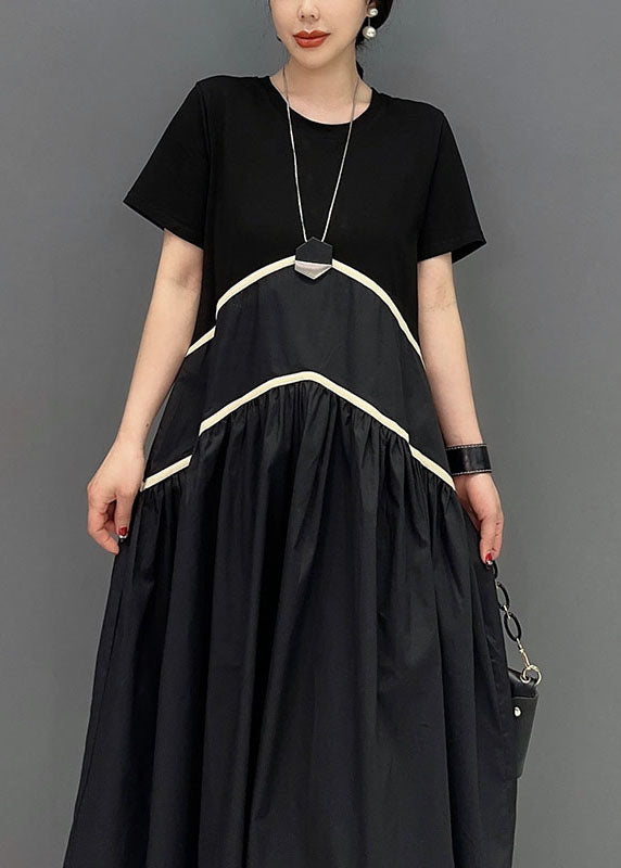 Modern Black O-Neck Patchwork Cotton Long Dress Spring