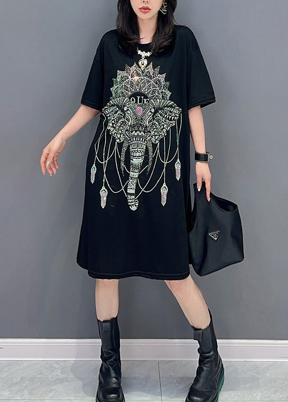 Modern Black O-Neck Print Long Dress Short Sleeve