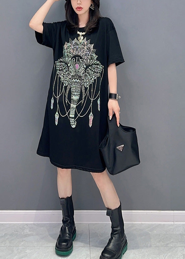 Modern Black O-Neck Print Long Dress Short Sleeve