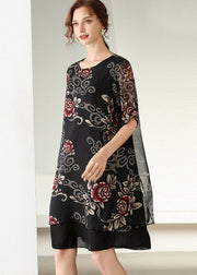 Modern Black O Neck Print Patchwork Silk Dress Summer