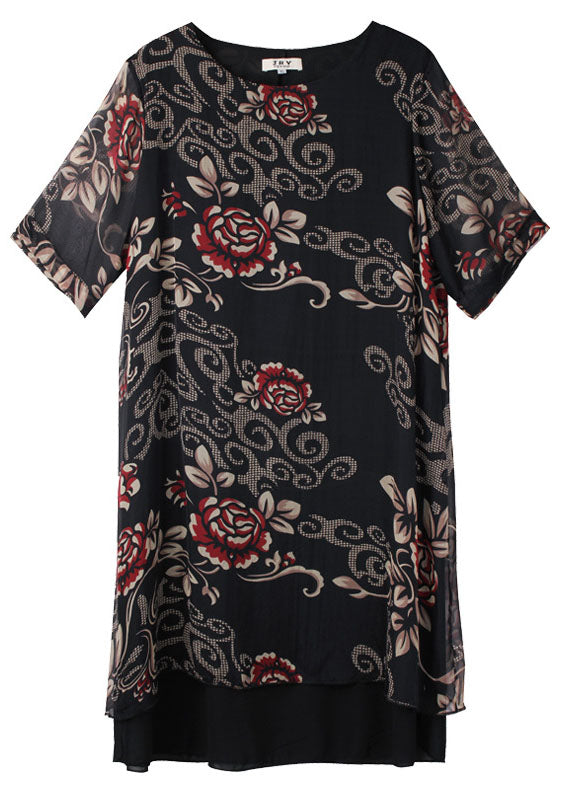 Modern Black O Neck Print Patchwork Silk Dress Summer