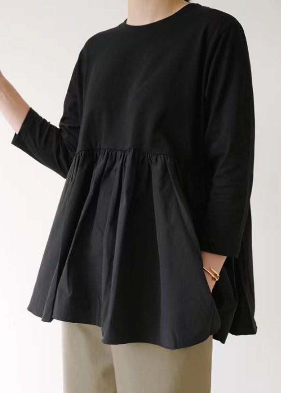 Modern Black O-Neck Ruffled Patchwork Cotton T Shirt Top Spring