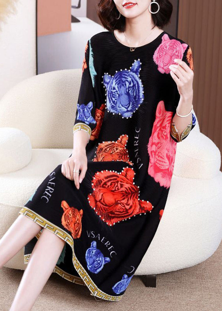 Modern Black O-Neck Tiger Print Wrinkled Long Dress Summer