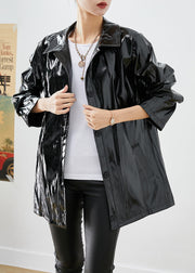 Modern Black Oversized Letter Print Faux Leather Coats Fall