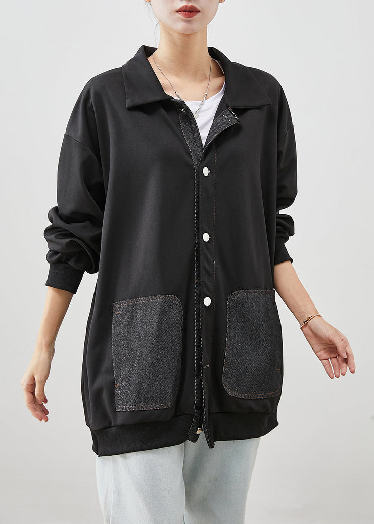 Modern Black Oversized Patchwork Cotton Coats Fall