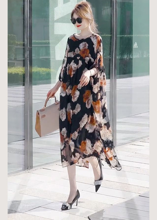 Modern Black Oversized Patchwork Print Chiffon Dresses Summer