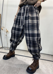 Modern Black Oversized Plaid Warm Fleece Pants Winter