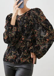 Modern Black Oversized Print Chiffon Top Puff Sleeve