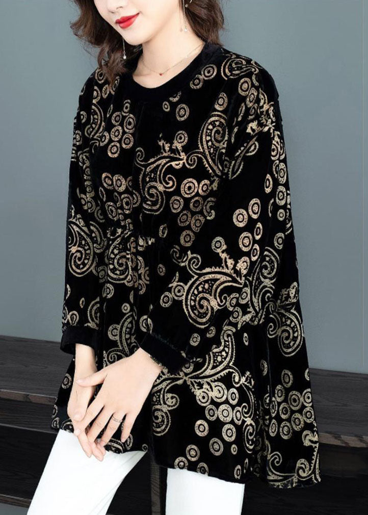 Modern Black Oversized Print Silk Velour Shirt Top Spring