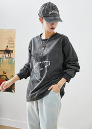 Modern Black Oversized Rose Print Cotton Sweatshirts Top Fall