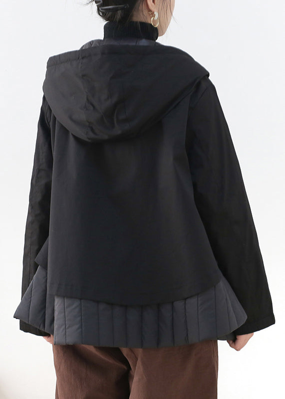 Modern Black Patchwork Button Pockets Thick Hooded Parka Long Sleeve