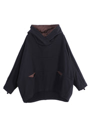 Modern Black Patchwork Drawstring Cotton Hooded Coat Long Sleeve