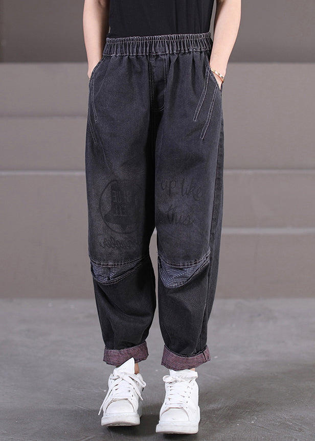 Modern Black Patchwork Plaid Elastic Waist Denim Pants Fall