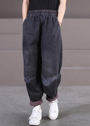 Modern Black Patchwork Plaid Elastic Waist Denim Pants Fall