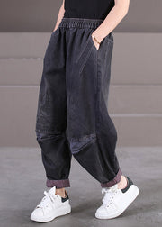 Modern Black Patchwork Plaid Elastic Waist Denim Pants Fall