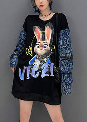 Modern Black Patchwork Rabbit Print Cotton Sweatshirt Streetwear Fall