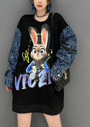 Modern Black Patchwork Rabbit Print Cotton Sweatshirt Streetwear Fall