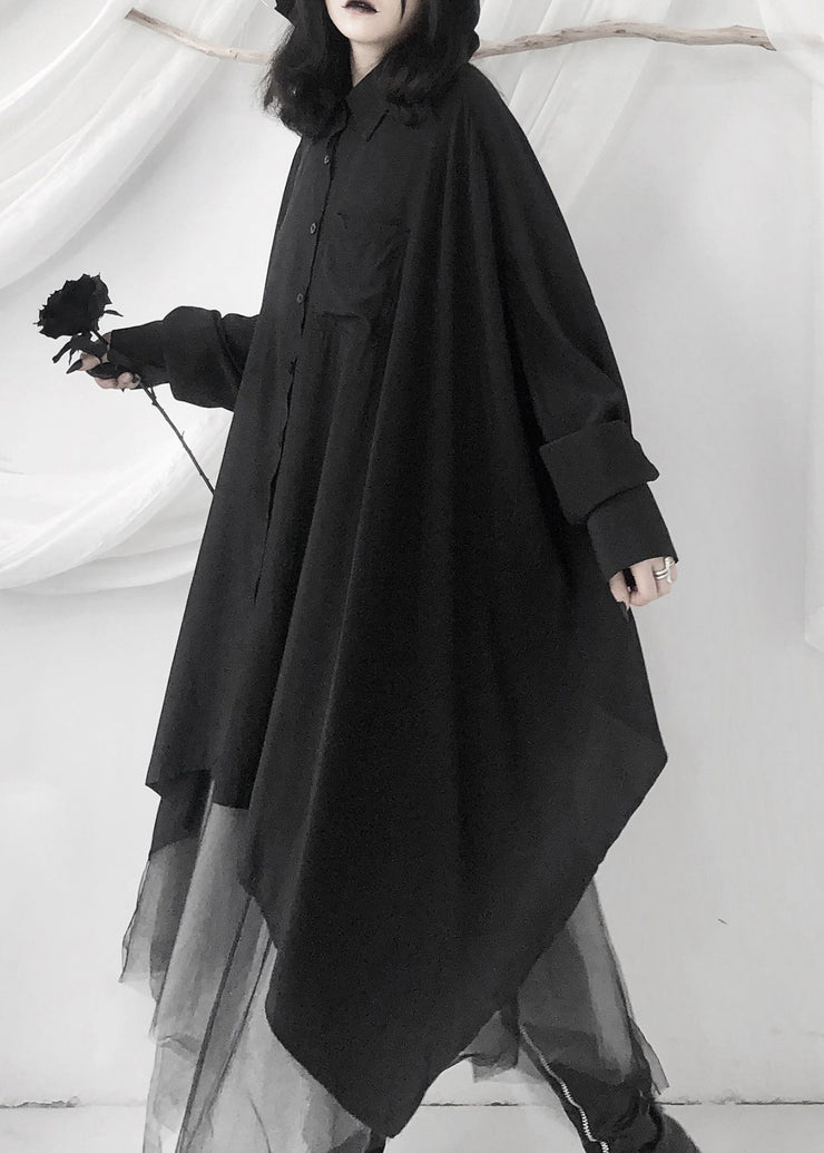 Modern Black Peter Pan Collar Asymmetrical Button Maxi Shirts Long Sleeve