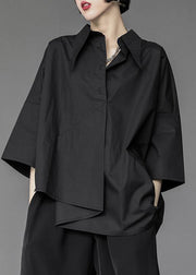 Modern Black Peter Pan Collar Asymmetrical Patchwork Button Shirt Spring