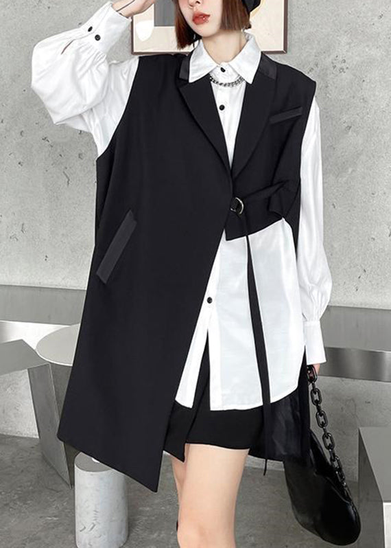 Modern Black Peter Pan Collar Asymmetrical Sashes Waistcoat Sleeveless