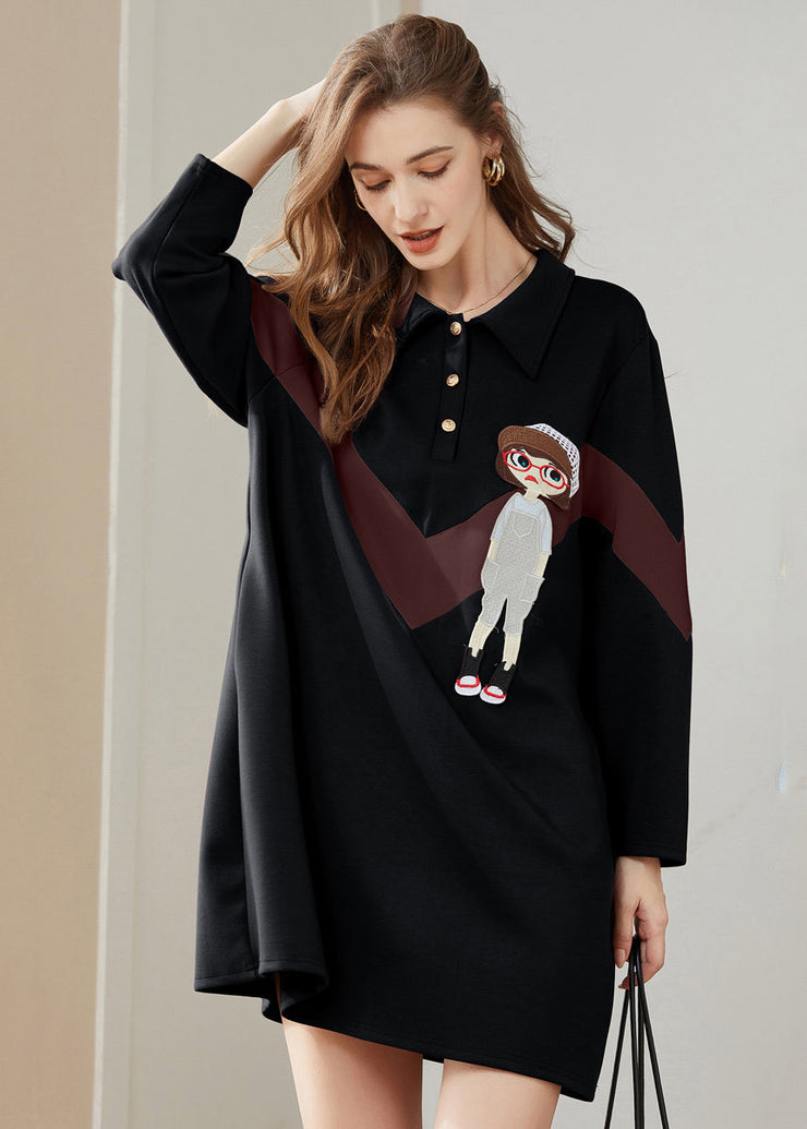 Modern Black Peter Pan Collar Character Print Cotton Sweatshirts Dress Spring