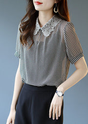 Modern Black Peter Pan Collar Lace Patchwork Plaid Chiffon Top Summer