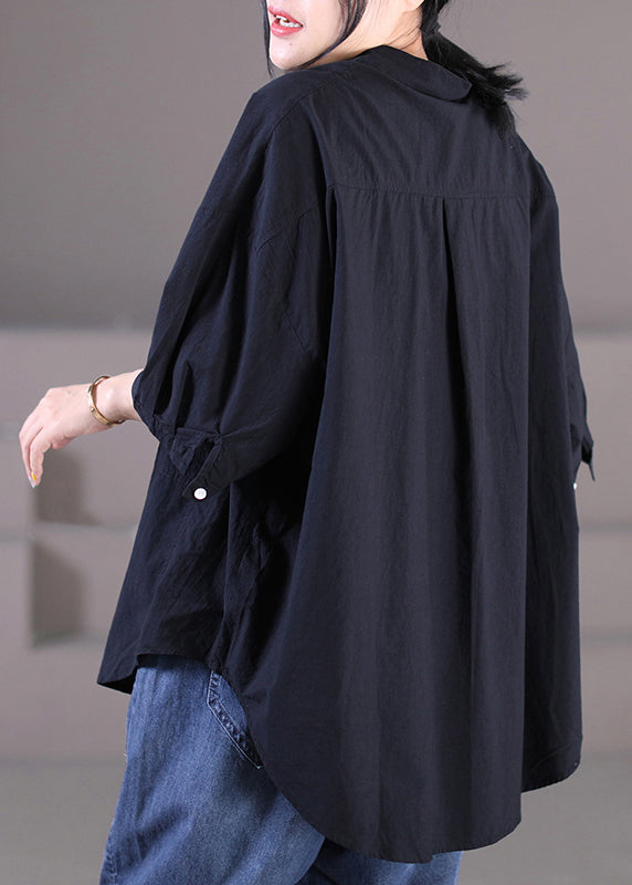 Modern Black Peter Pan Collar Low High Design Button Pockets Shirt Long Sleeve