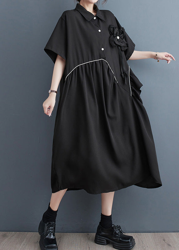 Modern Black Peter Pan Collar Patchwork Floral Button Party Maxi Dress Short Sleeve