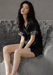 Modern Black Peter Pan Collar Patchwork Ice Silk Couple Pajamas Two Pieces Set Summer