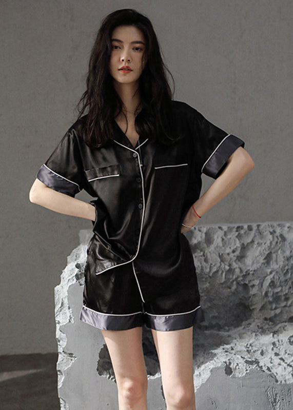 Modern Black Peter Pan Collar Patchwork Ice Silk Couple Pajamas Two Pieces Set Summer