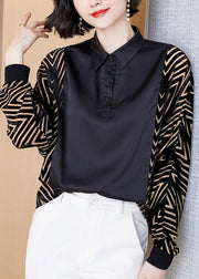 Modern Black Peter Pan Collar Patchwork Striped Chiffon Shirt Tops Batwing Sleeve