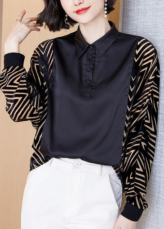 Modern Black Peter Pan Collar Patchwork Striped Chiffon Shirt Tops Batwing Sleeve