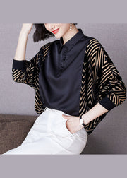 Modern Black Peter Pan Collar Patchwork Striped Chiffon Shirt Tops Batwing Sleeve